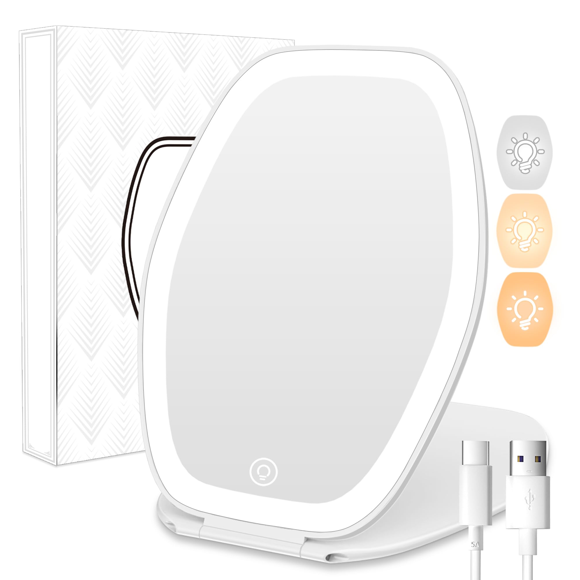 COSYGLOW Travel Makeup Mirror with Light: 3 Color Lighting Portable Mirror with Touch Screen Rechargeable Adjustable LED Lights Vanity Hexagon Mirror for Travel, Desk, Home (White, 1 Mirror)