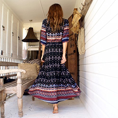 R.Vivimos Women's Summer Boho Button Up V Neck Floral Print Roll Up Causal Split Beach Midi Dresses (Small, Black)
