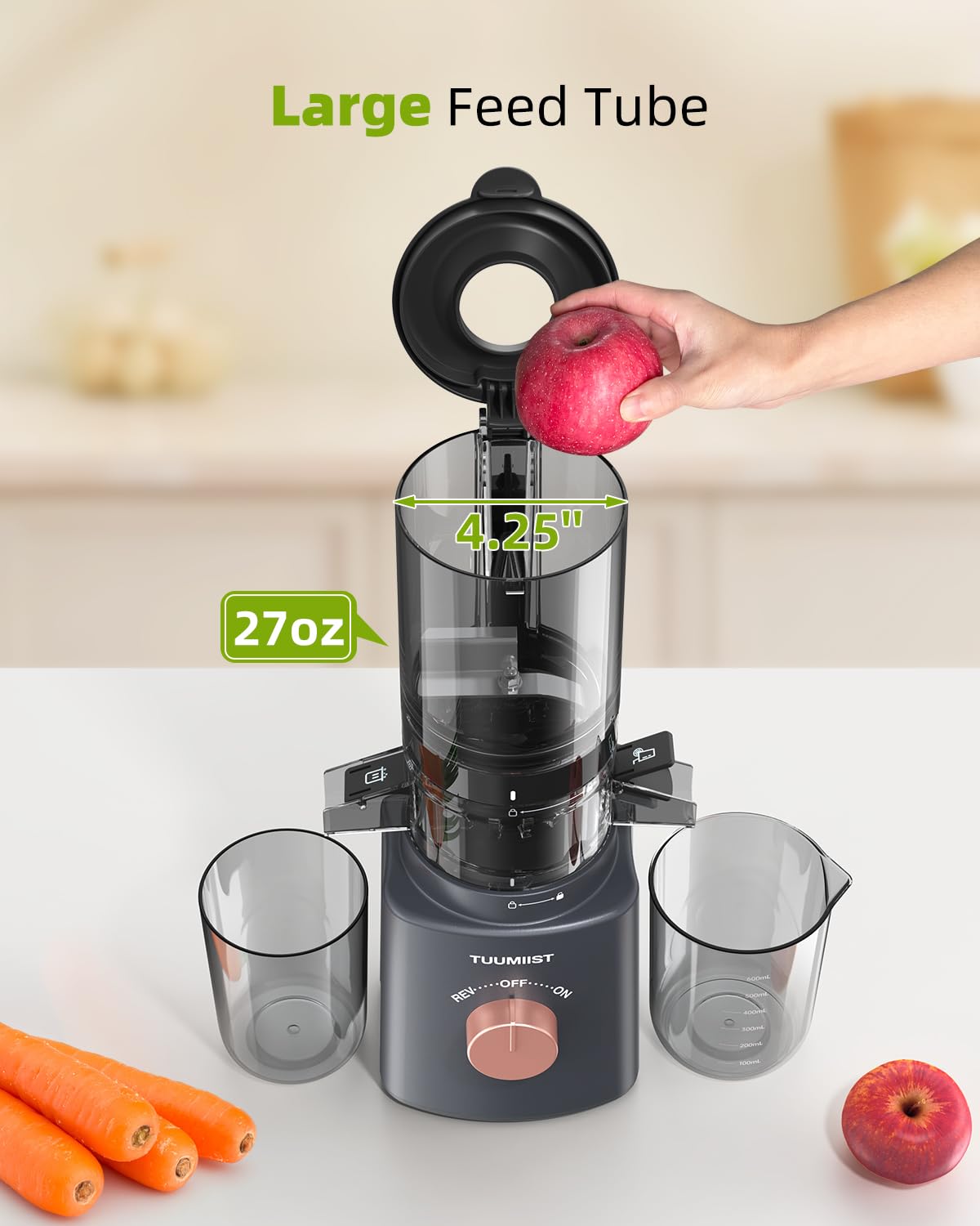 Cold Press Juicer with 8 Juice Bottles - Masticating Juicer Machines for Fruits and Veggies, 4.25" Large Feed Chute, Easy to Clean