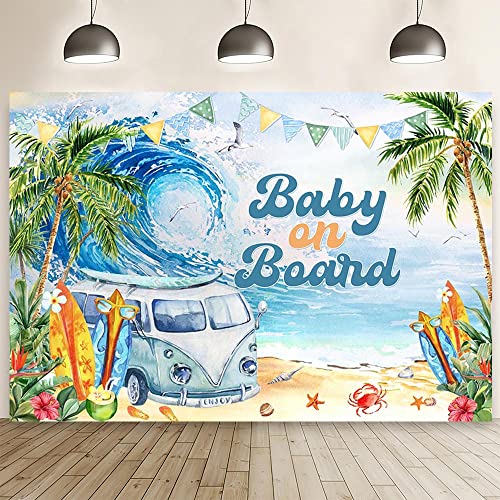 MEHOFOND 7x5ft Soft Fabric Summer Baby on Board Baby Shower Backdrop Summer Beach Oh Baby Baby Shower Party Decorations Tropical Sea Wave Surfboard Background Seaside Newborn Birthday Photo Props