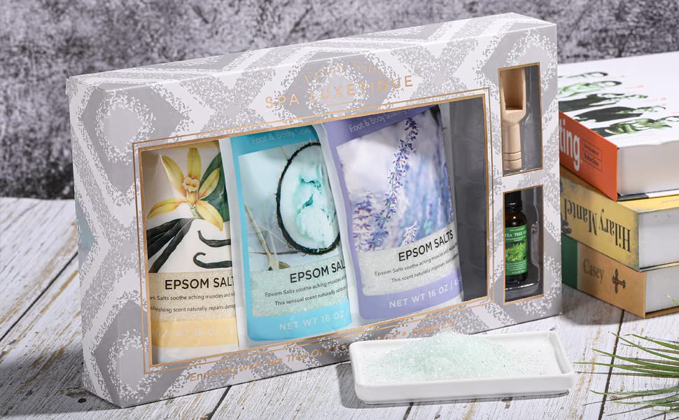 Epsom Salts for Soaking, Spa Luxetique Bath Salts for Women Gifts Set with Lavender, Vanilla and Coconut Scent Bath Set with Tea Tree Oil Gifts for Mom Mother's Day Gifts