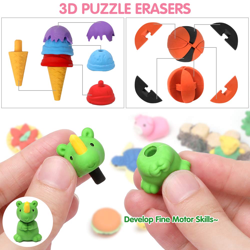 UMIKU 100 Pack Animal Pencil Erasers 3D Desk Pet for Kids Mini Puzzle Take Apart Eraser Student Classroom Prizes Rewards Easter Egg Fillers Treasure Box Back to School Supplies Kid Party Favors Gift