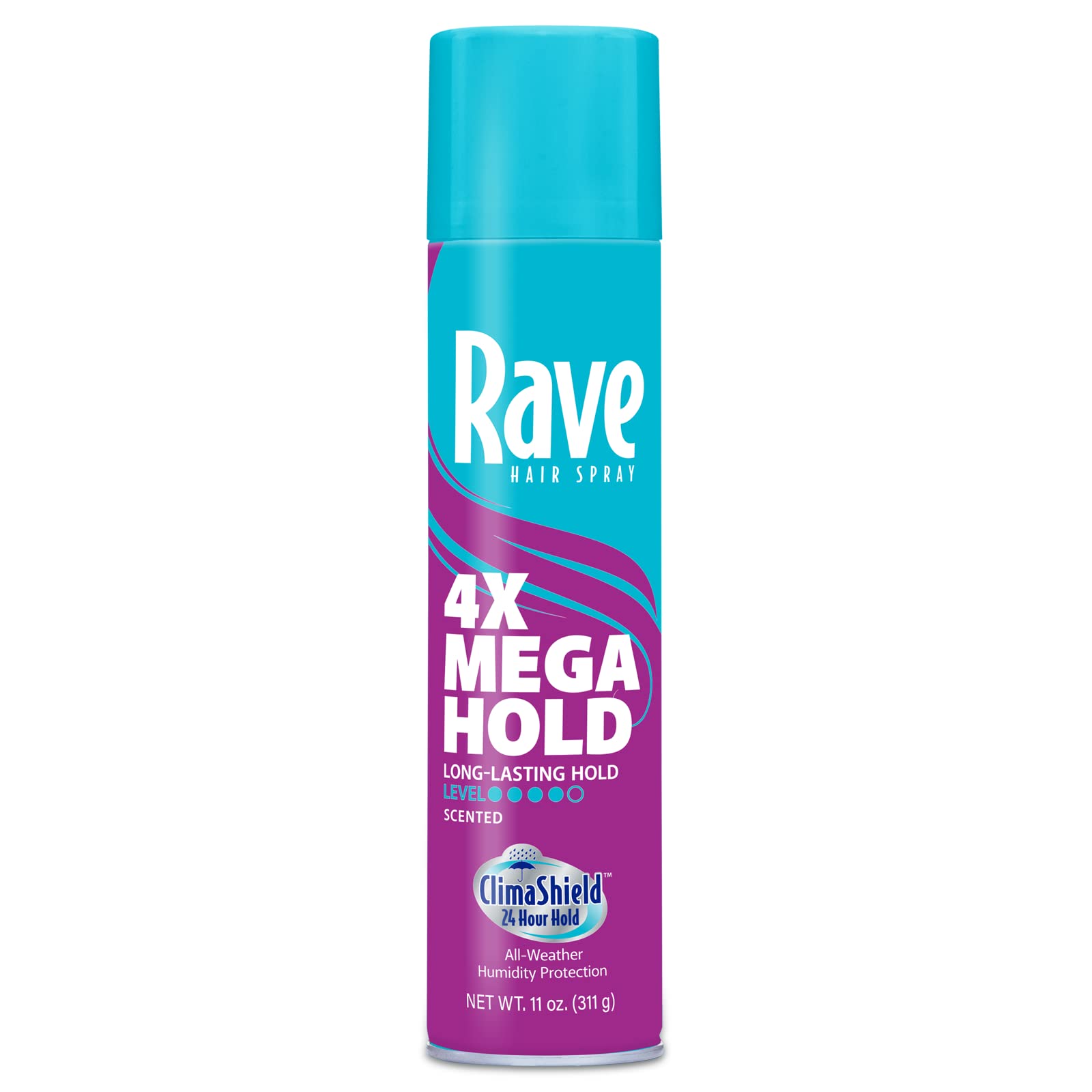 Scented Aerosol Hairspray by Rave - 1 Pack of 4X Mega Hair Spray for Heat Protection, Volume and Shine - ClimaShield for Extra Humidity and Long-Lasting Firm Hold - Minimizes Frizz