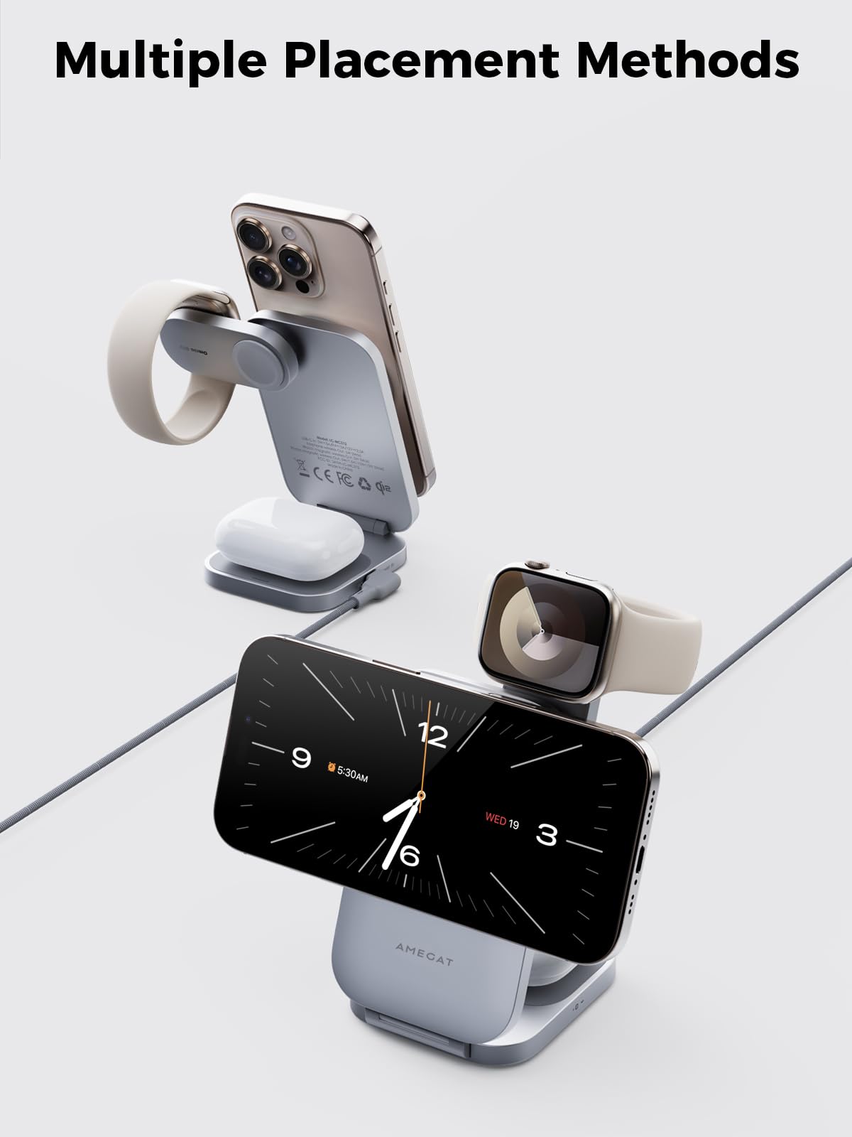 AMEGAT MagFusion Z 3-in-1 MagSafe-Compatible Charging Station, Qi2 Certified 15W Wireless Foldable Charger, for iPhone 16/15/14/13/12, AirPods 4/3/2/Pro, Apple Watch Charger, Silver