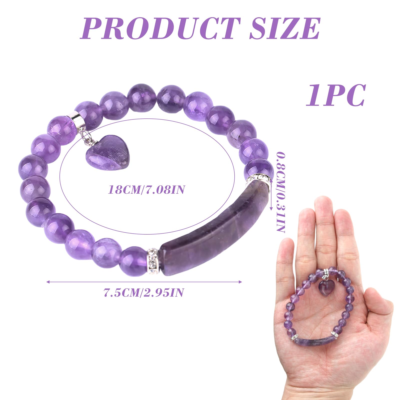 Jawfait Amethyst Healing Stone Bracelet for Women，Heart Charm Beads Crystal Energy Bracelet Stretch 8mm Handmade Jewelry