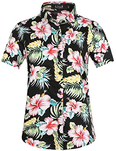 SSLR Women Floral Blouses Casual Button Down Shirts Short Sleeve Hawaiian Shirts for Women (Medium, Black Red)