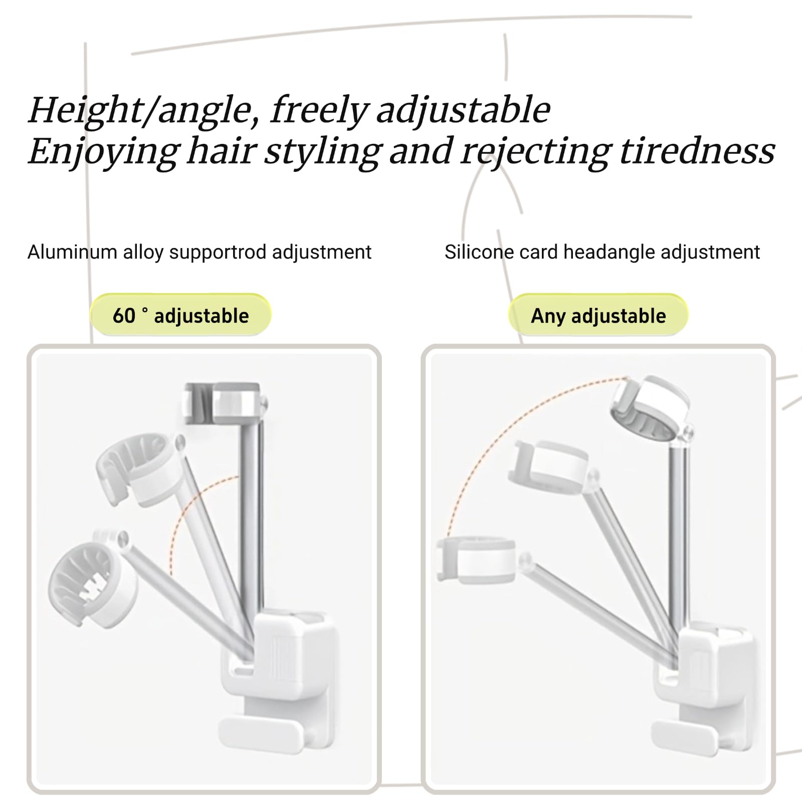 Hands Free Hair Dryer Holder Wall Mounted, No-Drill Adjustable Blow Dryer Stand with Rotating Arm & Cable Hook, Universal Bathroom Hairdryer Organizer for Vanity, Wigs, Pet Grooming, Durable Design