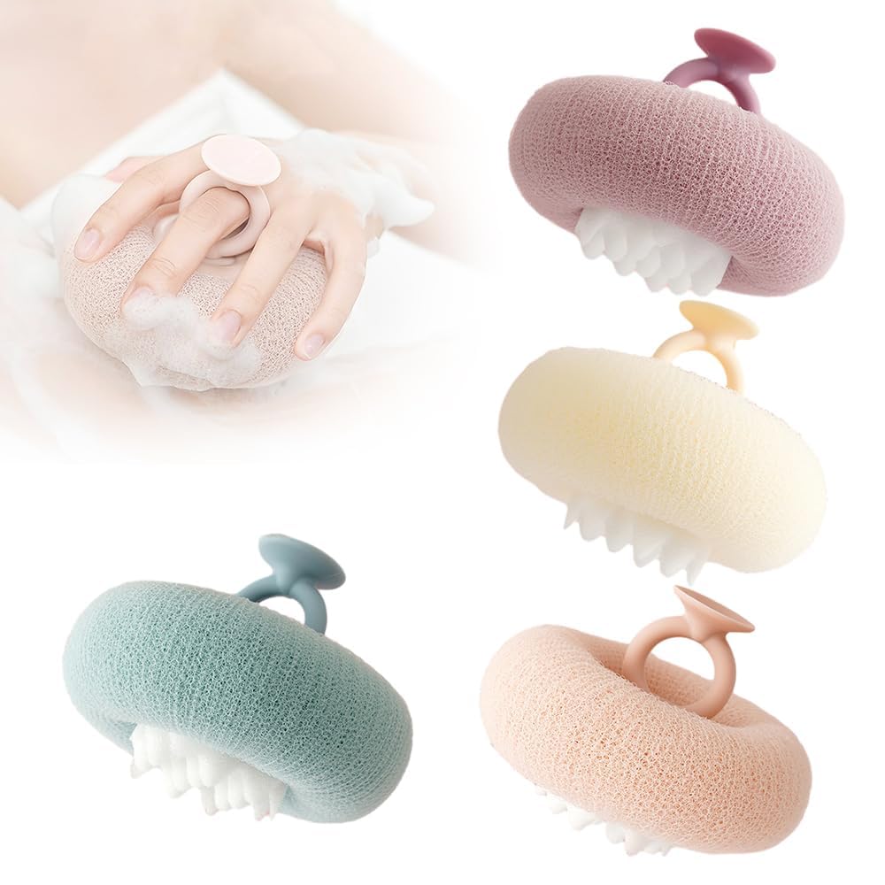 Super Soft Sunflower Suction Cup Bath Ball, 2025 New 2-in-1 Sunflower Bath Ball Exfoliating Bath Sponge Cleaning Brush, Sponge Mesh Pouf Shower Ball for Women, Men Shower (Mix-4Pcs)