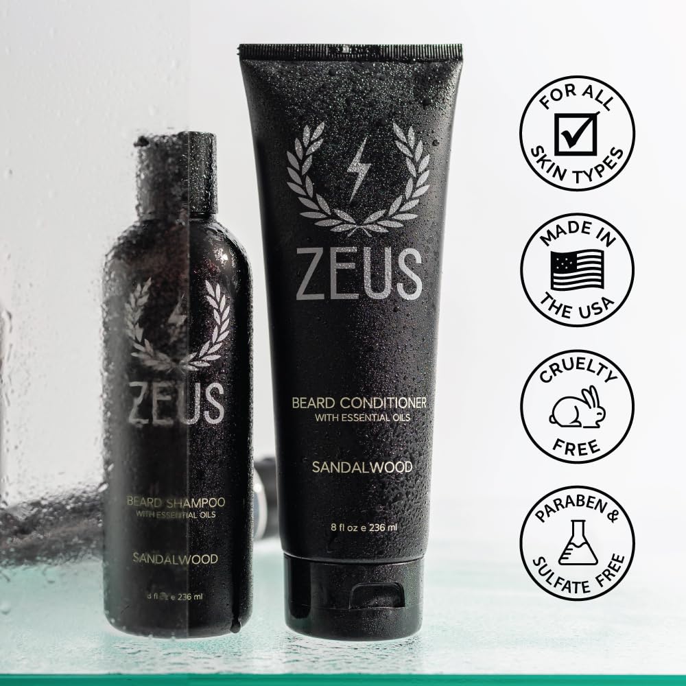 ZEUS Beard Wash & Beard Conditioner Set with Green Tea for Men, Soften, Hydrates & Moisturizes - MADE IN USA (Verbena Lime)