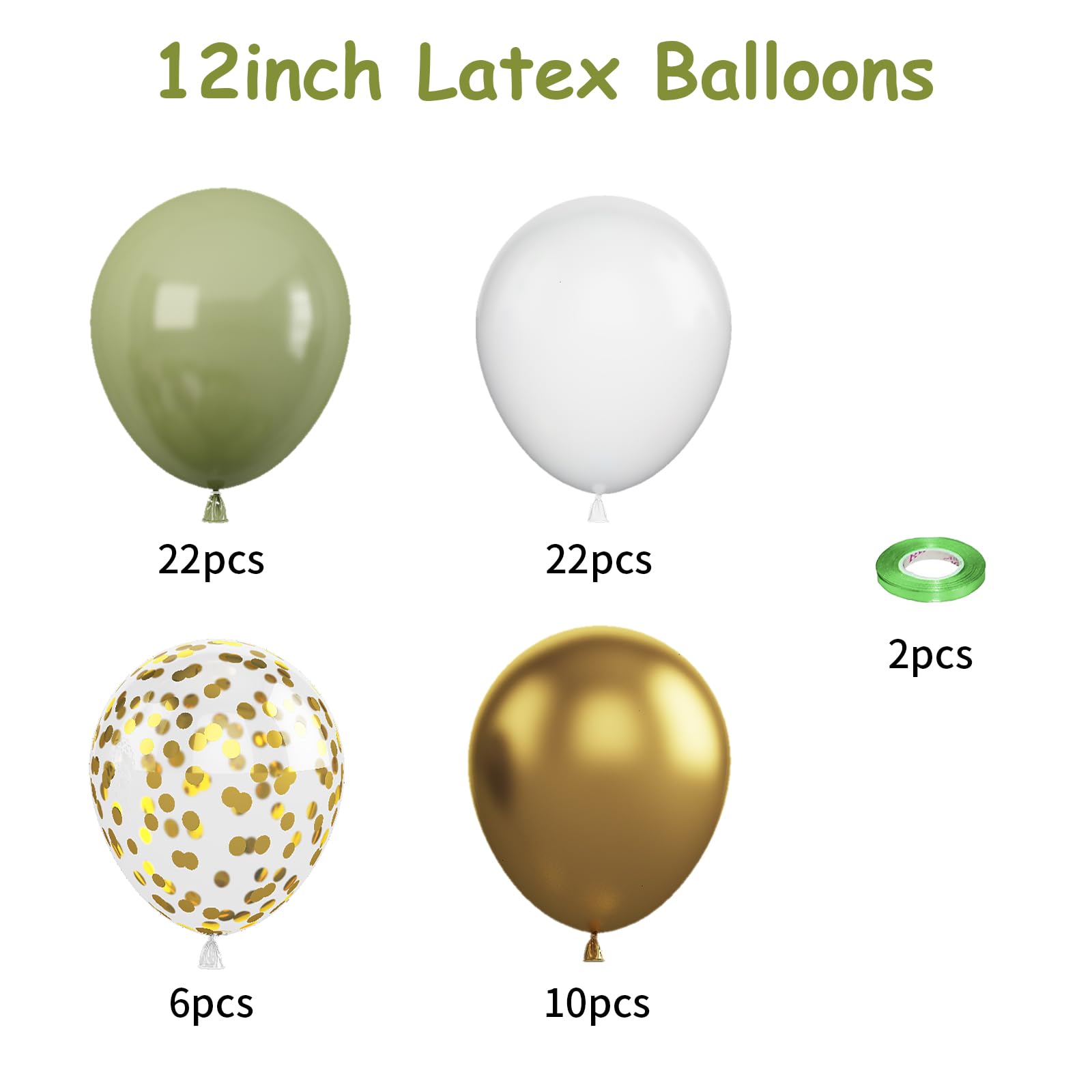 Cudory Sage Green Balloons Set, 60 Count, 12 Inch, Metallic Gold & Matte White, Retro Avocado Green & Confetti Gold, For Birthday Party, Baby Shower, Wedding Decoration