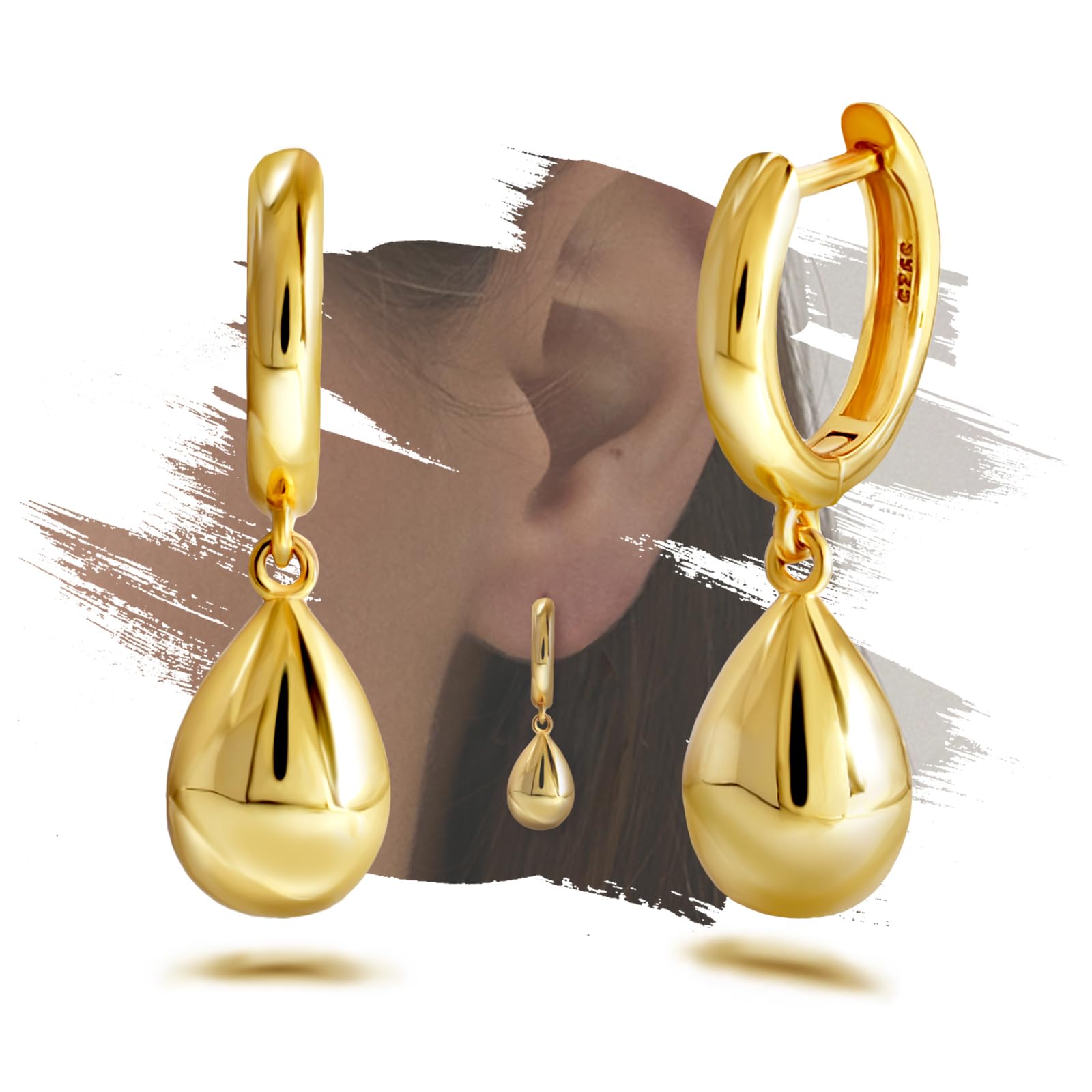 ELEDUCTMON Teardrop Gold Dangle Earring, Sterling Silver, Hypoallergenic, Lightweight, Minimalist Fashion Hoop Earrings, Trendy Gifts for Her, Valentine's Day, Christmas, Birthday
