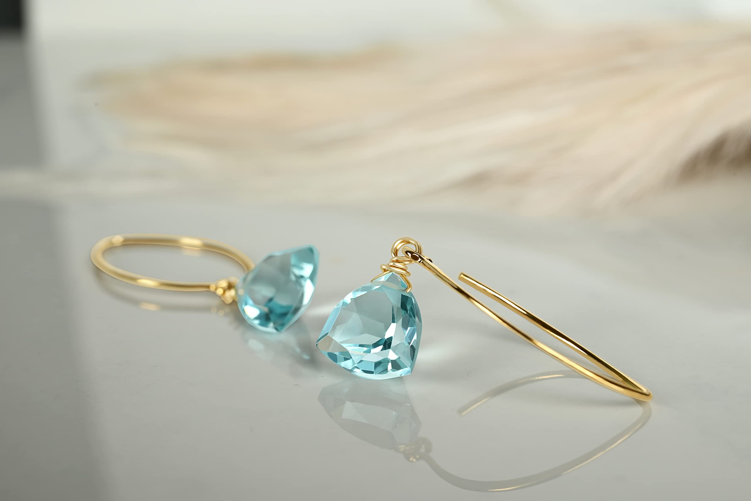 Aquamarine Blue Quartz Trillion 14k Gold Plated Sterling Silver Earrings