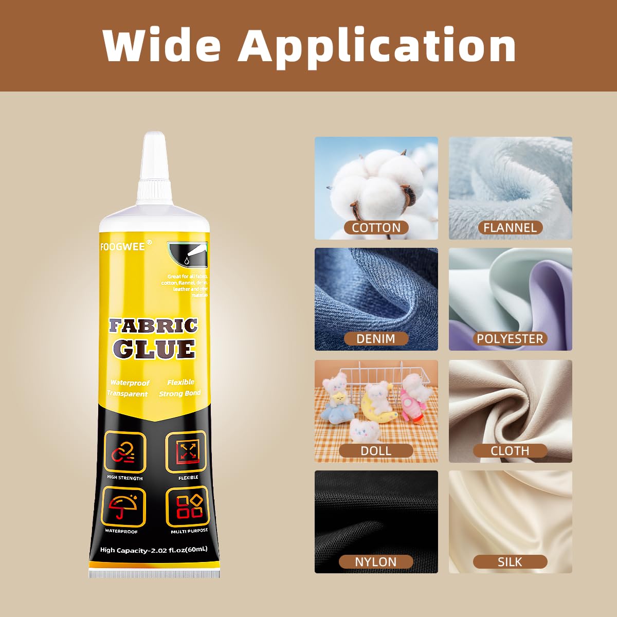 FOOGWEE Fabric Glue Permanent - 60ml Sewing Glue for Clothing Permanent Washable, Liquid Fabric Stitch Glue for All Leather, Fabrics, Denim, Flannel, Cotton, Doll, Polyester Repair and More…