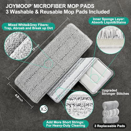 JOYMOOP Mop and Bucket with Wringer Set, Hands Free Flat Floor Mop and Bucket, 60" Mop with 3 Reusable Microfiber Pads, Wet and Dry Use, Floor Cleaning System