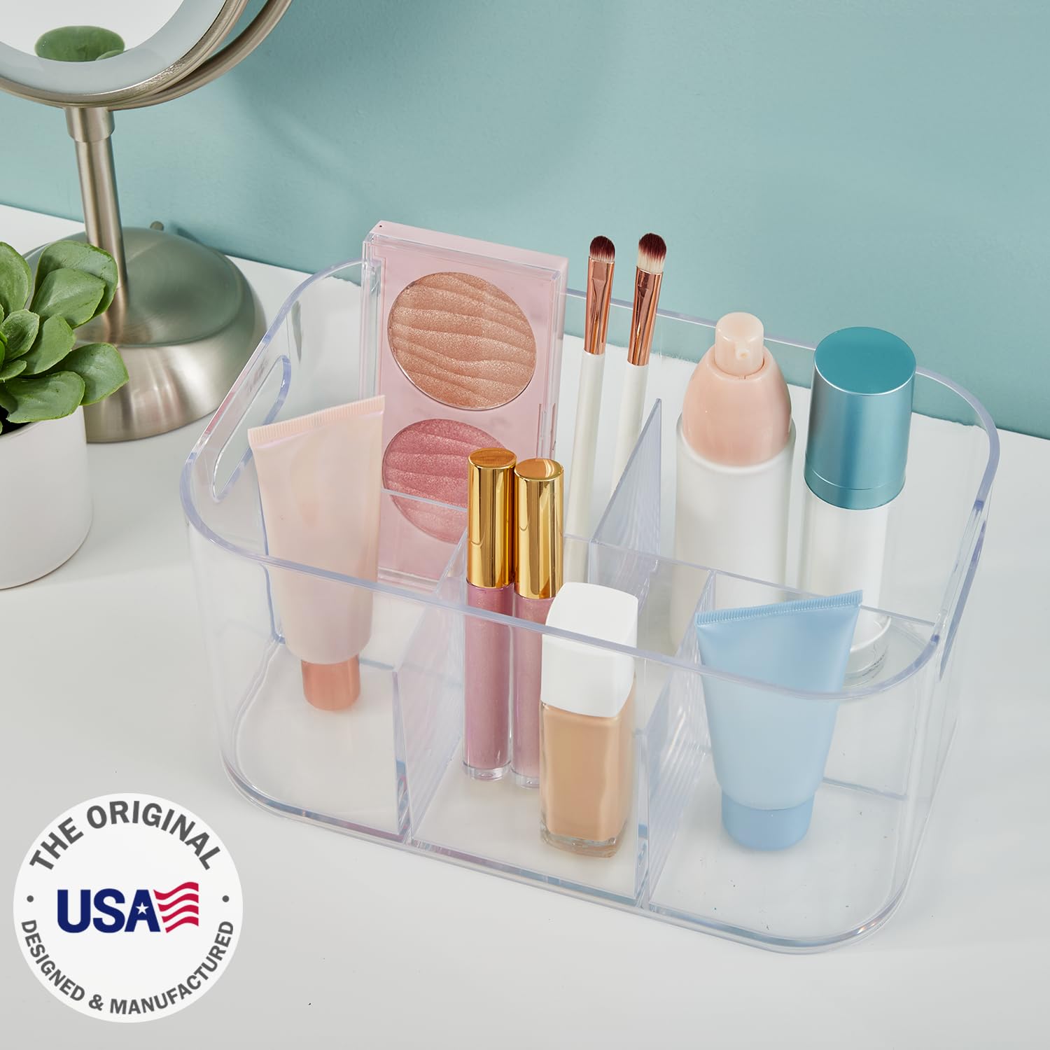 STORi Bliss 5-Compartment Plastic Cosmetics Storage Organizer | Clear | Rectangular Divided Makeup Bin & Vanity Caddy with Pass-Through Handles | Round Corner Design | Made in USA