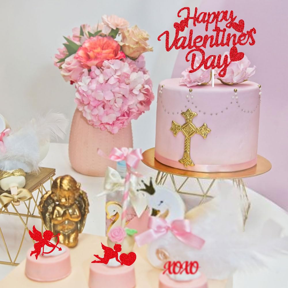 25pcs Glitter Red Happy Valentine's Day Cake Toppers Food Cookies Cake Decorations for Valentine's Day Party Suppliers