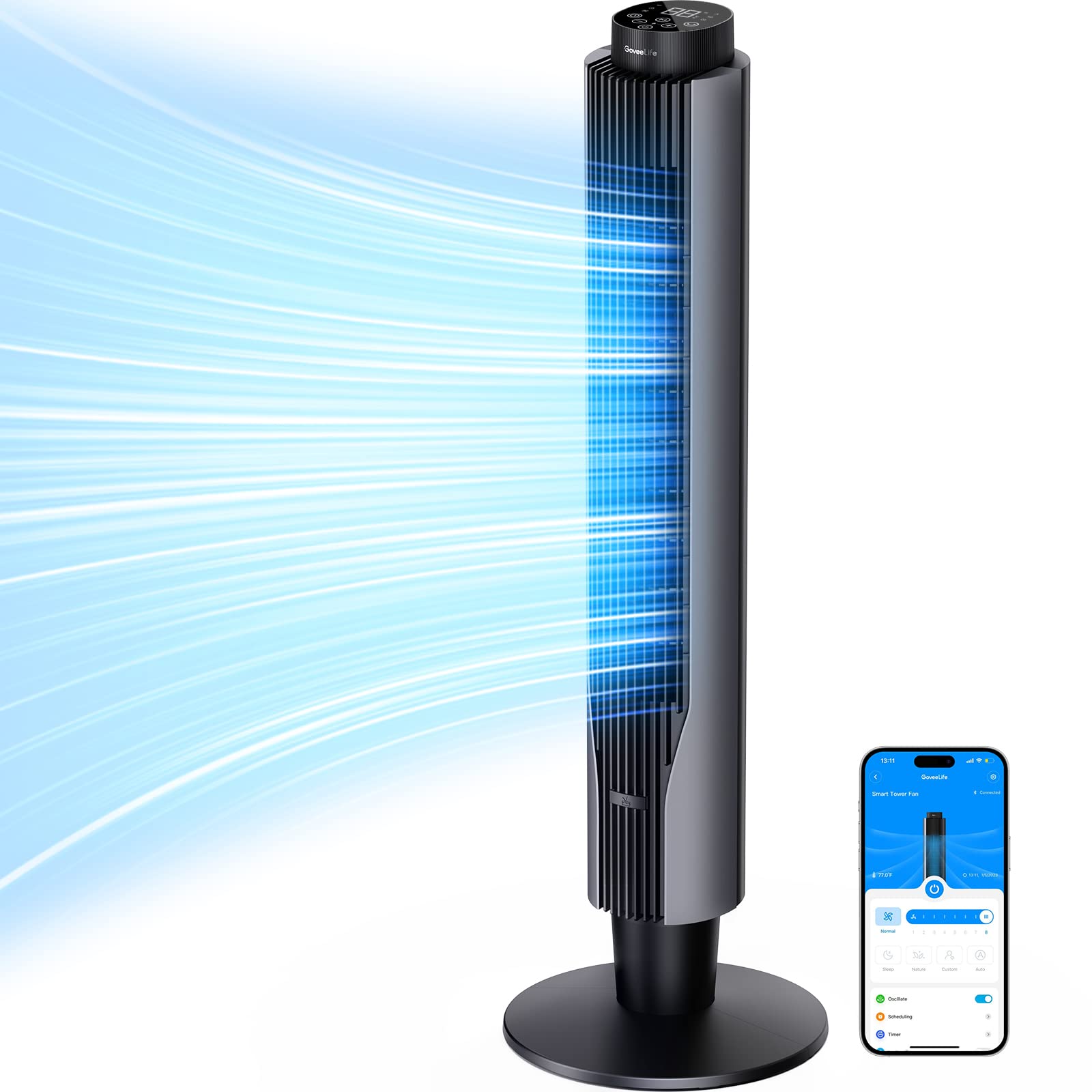 GoveeLife Smart Tower Fan 2023 Upgraded, 42 Inch WiFi with Aromatherapy and Temp Sensor, Oscillating 8 Speeds 4 Modes up to 25ft/s, 24H Timer Tower, 27dB Quiet Floor for Bedroom