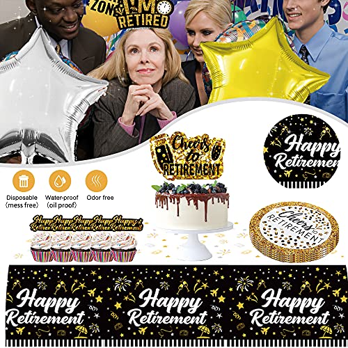 Happy Retirement Party Decorations supplies - (80pack) black gold party Banner, Pennant, Hanging Swirl, retirement balloons, Tablecloths, cupcake Topper, Crown, plates, Photo Props, retired Sash