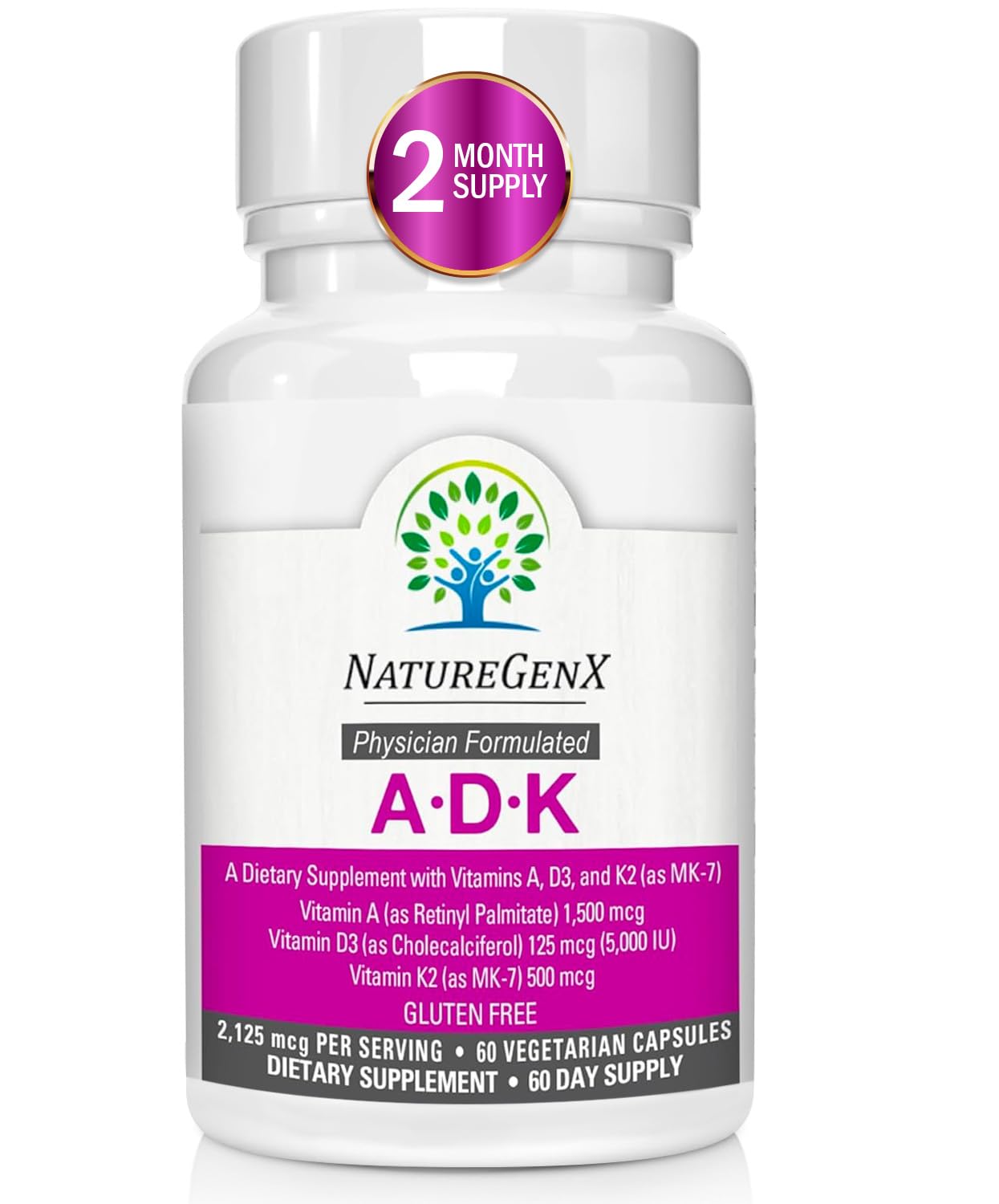 NatureGenX ADK Vitamin Supplement 5000 IU - High Potency Vitamins A, D3, and K2 for Bone Health and Calcium Absorption | Gluten-Free Vitamin ADK Supplement, 60 Day Supply, 60 Capsules