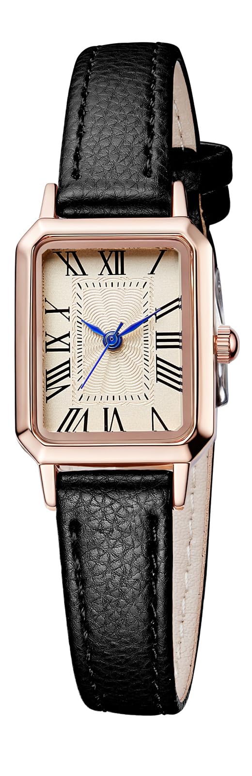 BESTKANG Leather Strap Watches for Women Elegant Dainty Ladies Watch Vintage Rectangle Women Quartz Wrist Watch (Black Gold)
