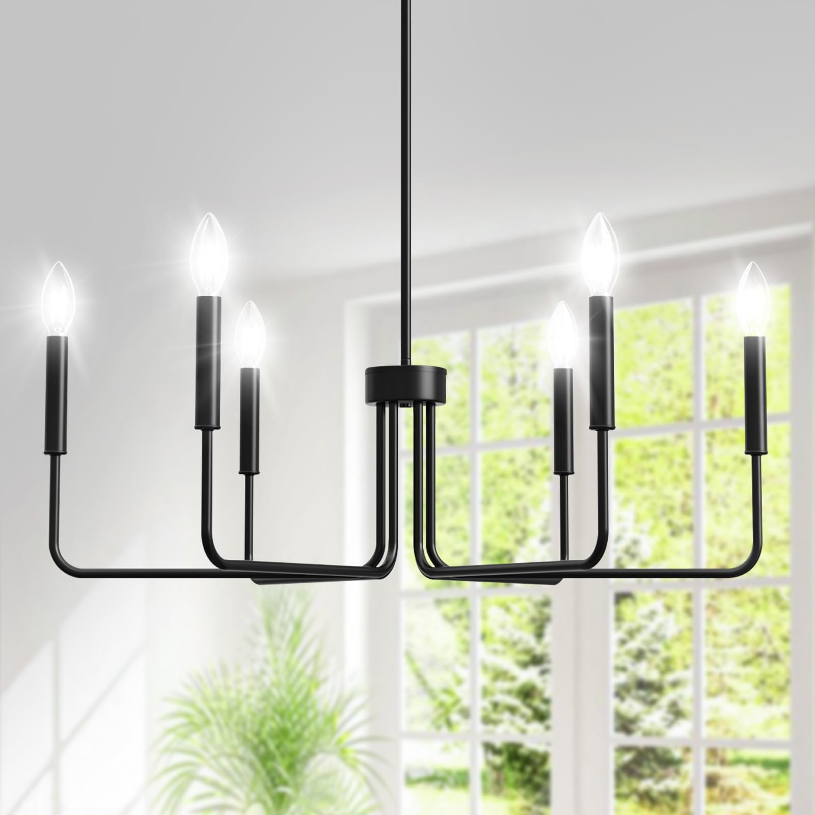 Sunwish Black Chandelier, 6-Light Metal Modern Farmhouse Chandeliers for Dining Room Light Fixture, Candle Hanging Light for Kitchen, Living Room, Entryway, Foyer(Bulbs Not Included)