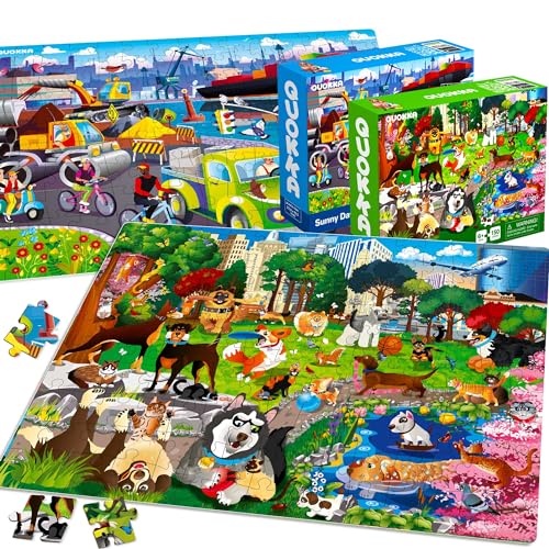 QUOKKA Floor Puzzles for Kids Ages 8-10 – 3X150 Piece Puzzles for Kids Ages 4-6 – Toy for Learning Ocean & Animals & Vehicles for 6-8 yo – Jigsaw Toddler Game for Boy and Girl Ages 3-5