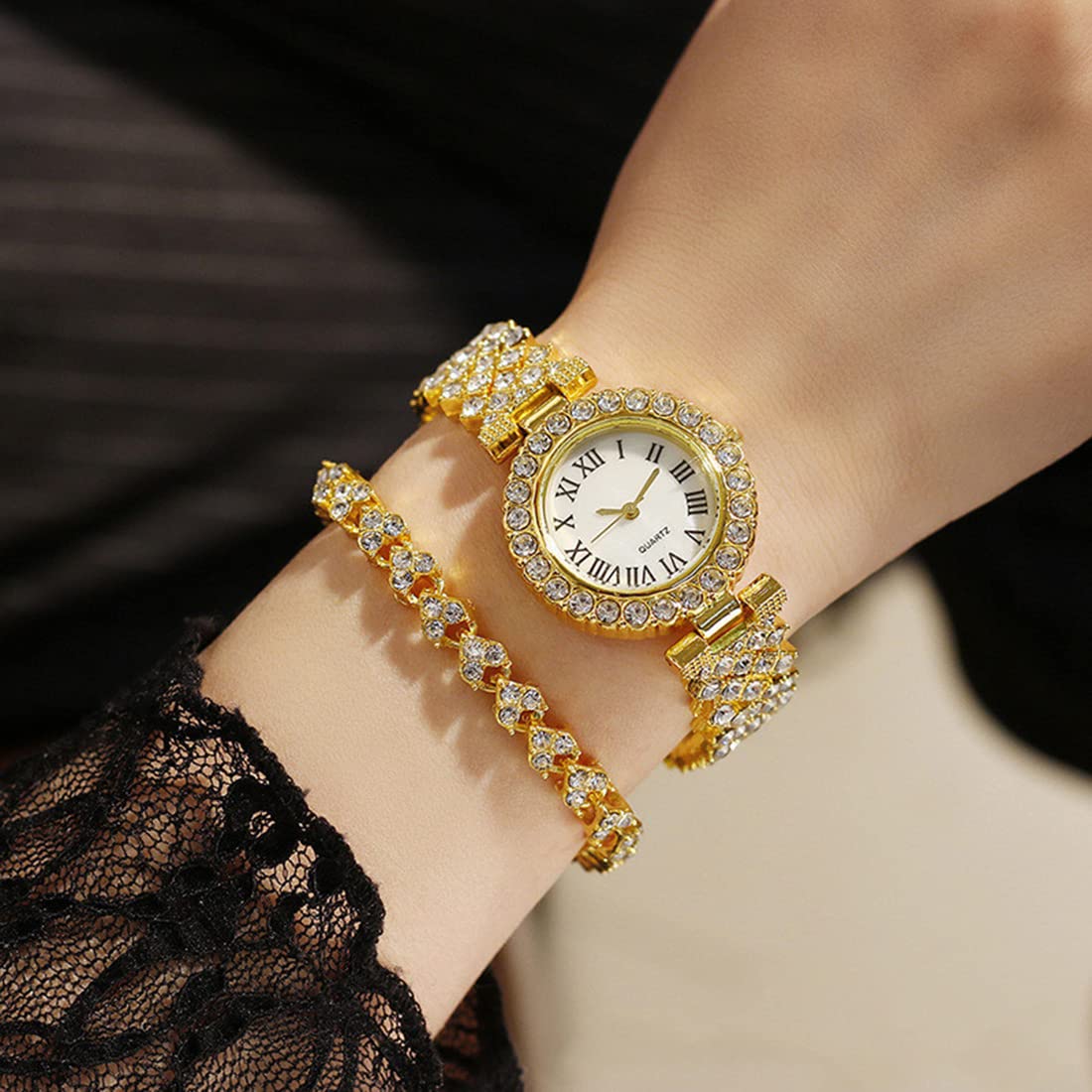 Women Diamond Watchs Luxury Fashion Ladies Bangle Bracelet Set Wrist Watch Female Dress Watch (Silver) (Gold)