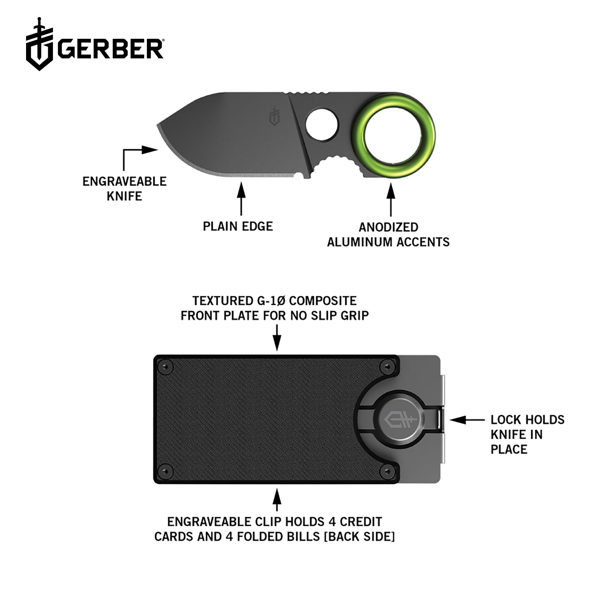 Gerber Gear GDC Money Clip with Small Pocket Knife, Stainless Steel Fixed Blade Knife and Case, Gifts for Men, EDC Gear for Camping and Hiking