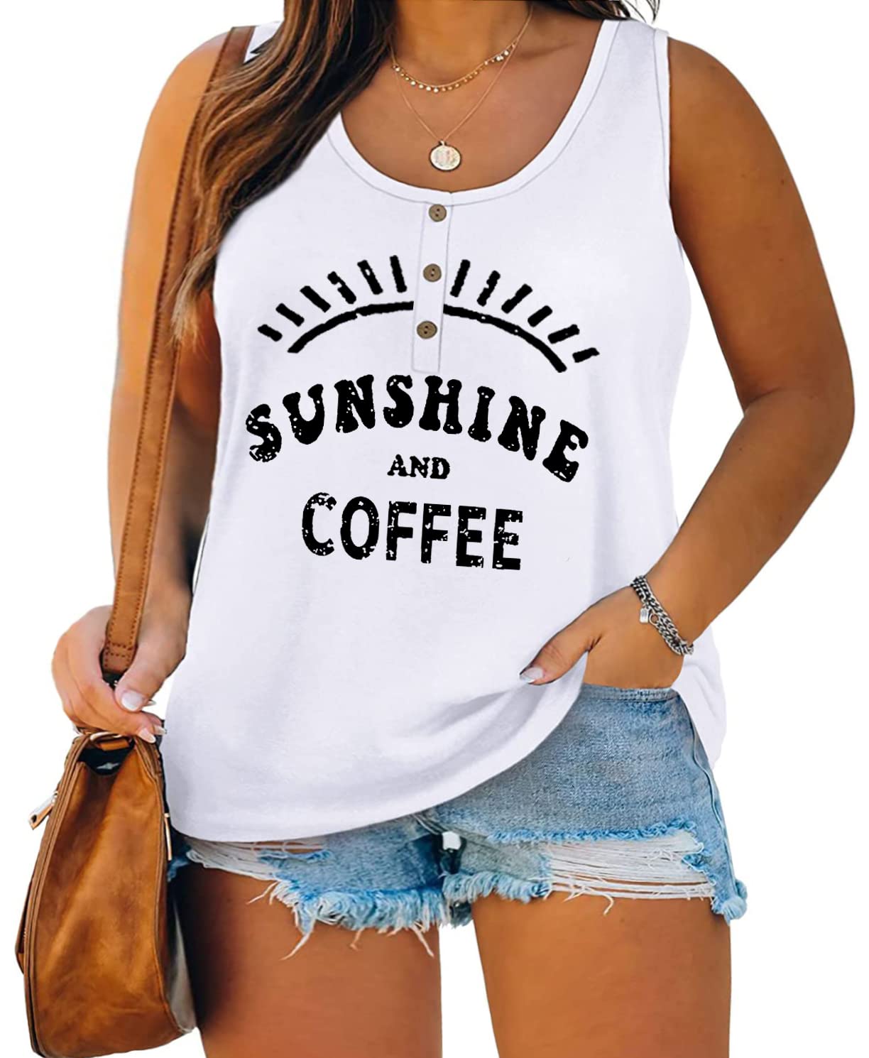 Plus Size Tank Tops for Women Summer Sleeveless Henley T-Shirts Tops Casual Sunshine Coffee Graphic Tee Tunics Shirts