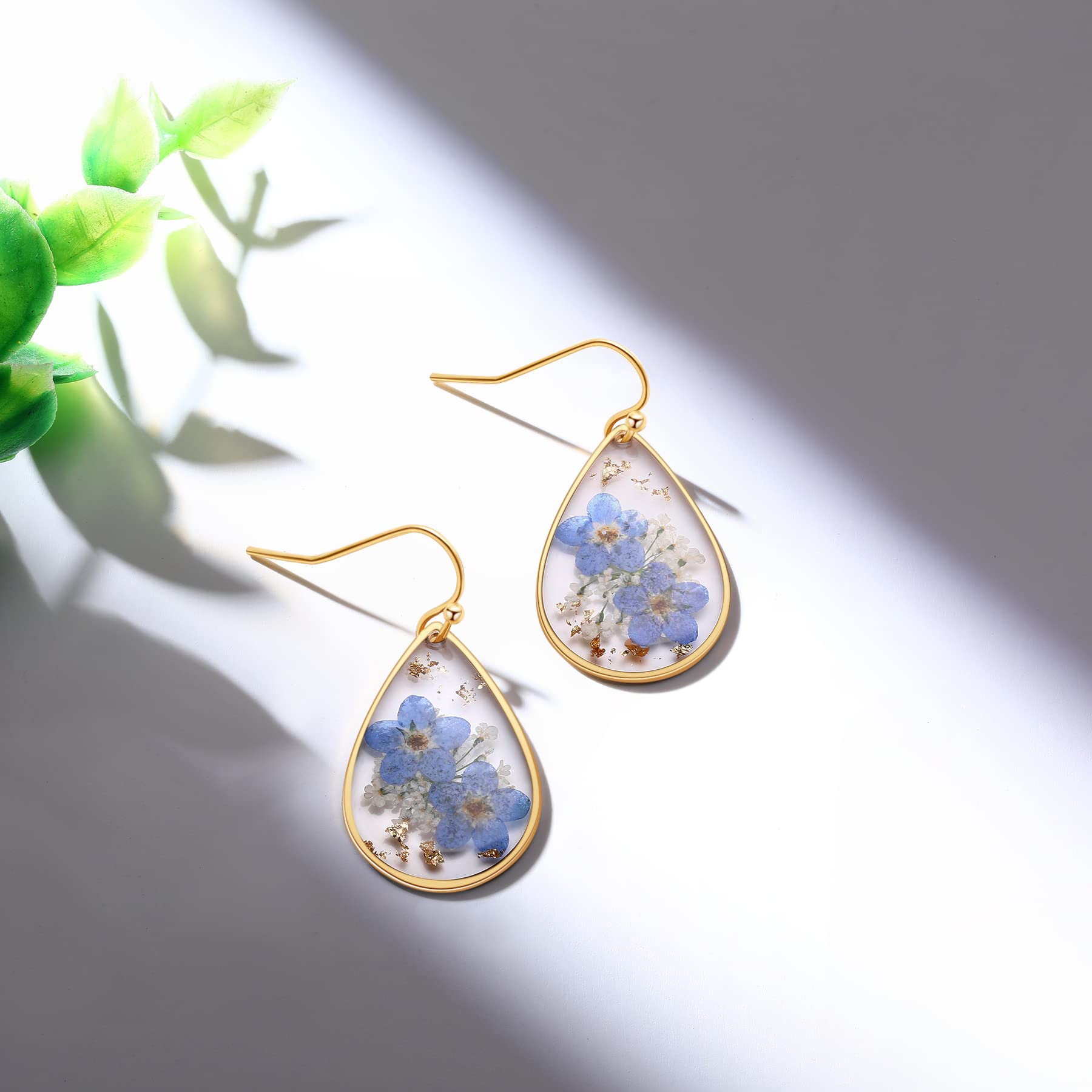 Forget-Me-Not and Queen Anne's Lace Pressed Wildflower Earrings | Drop Dangle Earring For Women Girls | Pressed Flower Teardrop Earrings Dry Flowers | Personalized Handmade Earrings | Gift for Woman