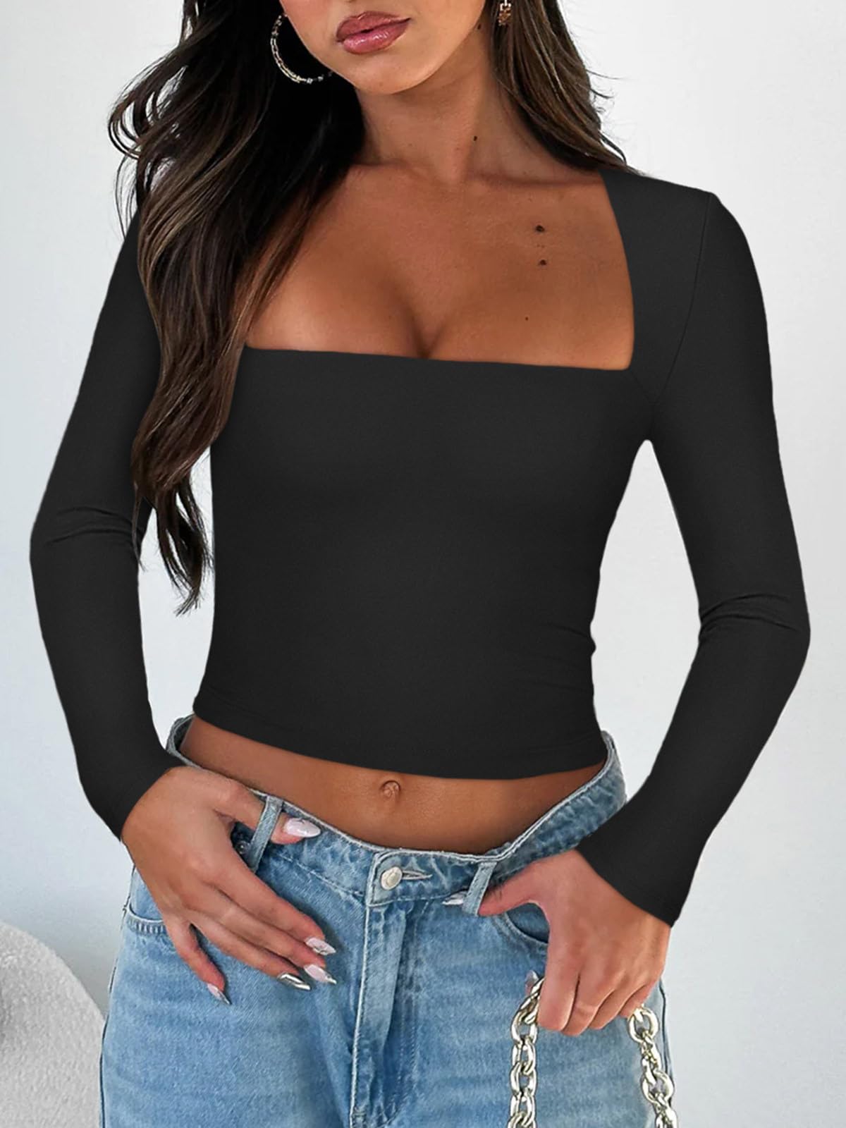 REORIA Women's Fall Sexy Casual Square Neck Long Sleeve Tight Cropped T Shirts Slim Fitted Basic Y2K Trendy Going Out Crop Tops for Teen Girls Black Medium