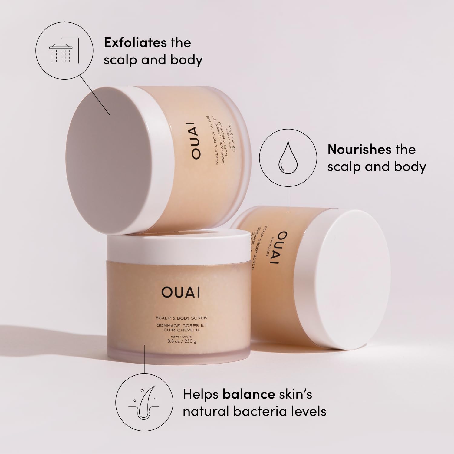 OUAI Scalp & Body Scrub, Melrose Place - Exfoliating Body Scrub with Sugar & Coconut Oil Blend for Smooth, Moisturized Skin - Gentle Scalp Scrub for Removing Product Build Up (8.8 Oz)