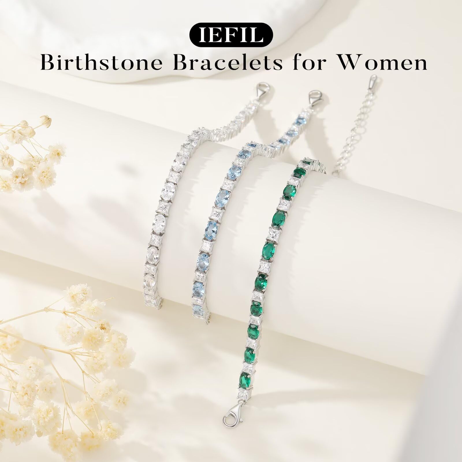 Iefil Tennis Bracelets for Women - 925 Sterling Silver Birthstone Bracelet, May Simulated Emerald Bracelets for Women, Birthstone Jewelry Gifts for Wife Mom Girlfriend