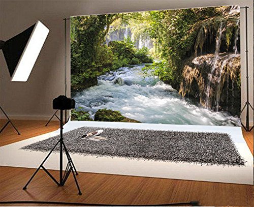 Baocicco 6x4ft Vinyl Green Forest Backdrops for Photography Background Mountain and Water Landscape Beautiful Waterfall and River Ancient Tree Outdoor Explore Holiday Backdrop Photo Studio