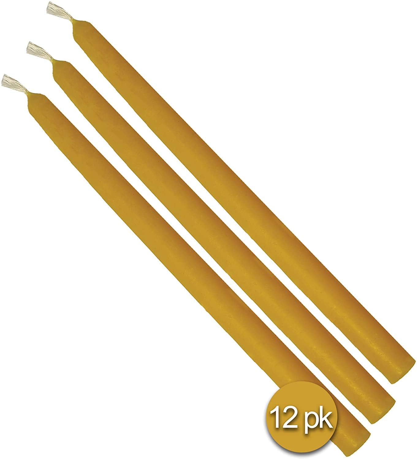 Hyoola 9 Inch Beeswax Taper Candles 12 Pack – Handmade, All Natural, 100% Pure Unscented Bee Wax Candle - Tall, Decorative, Golden Yellow – 5 Hour Burn Time