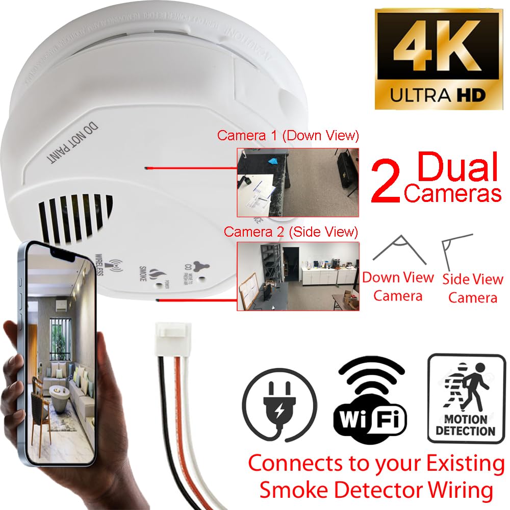 Zeus CCTV 4K HD Dual Camera (2) Smoke Detector WiFi Spy Camera Wi-Fi Fire Alarm Hidden Nanny Cam Spy Camera, Cam #1 Side View/Cam #2 Down View, 110V AC Connector (7010 Dual Cam Model)