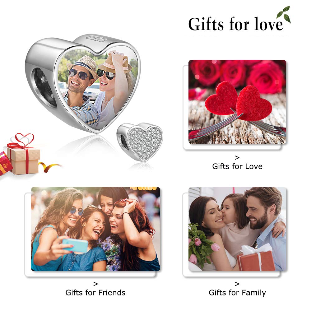 Qxun Custom Photo Charm Bead 925 Sterling SilverPersonalized Heart Picture with Loved Dear Charms Beads Fit Women Bracelet Necklace As Mother Daughter Present(Style 4)