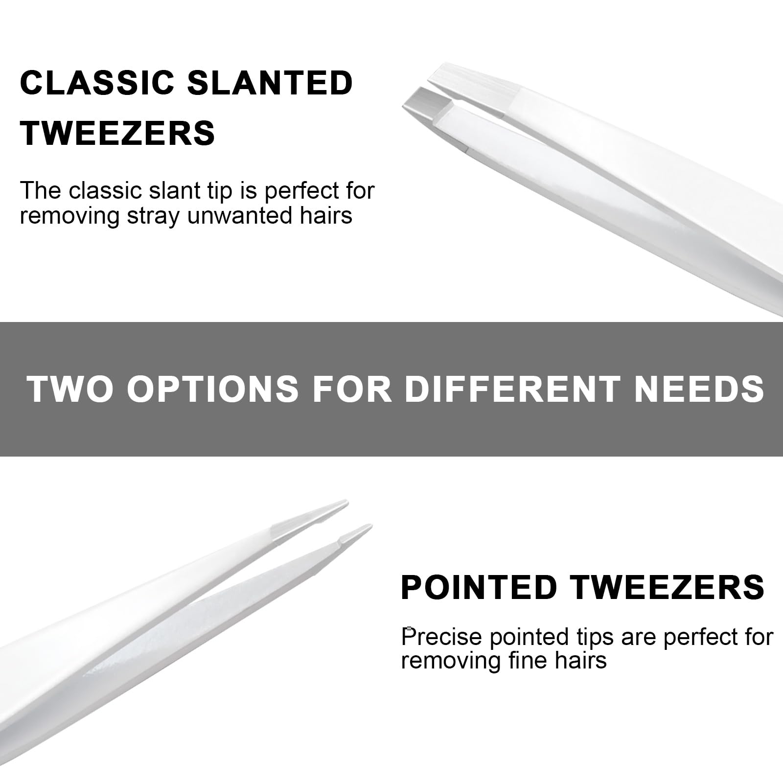 Huauoo Stainless Steel Tweezer Set with Slanted and Pointed Eyebrow Tweezers, Tweezers for Women Facial Hair, Tweezers for Women and Men (White)