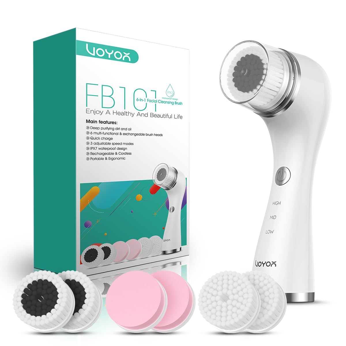 VOYOR Facial Cleansing Brush Electric for Deep Skin Cleansing Face Scrubber Rechargeable for Exfoliating and Removing Blackhead Spin Face Brush for Massaging, Remove Makeup Facial Brush FB101