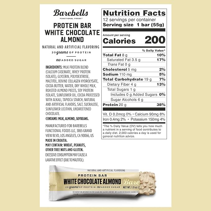 Barebells Protein Bars White Chocolate Almond - 12 Count, Protein Snacks with 20g of High Protein - Chocolate Protein Bar with 1g of Total Sugars - On The Go Protein Snack & Breakfast Bars…