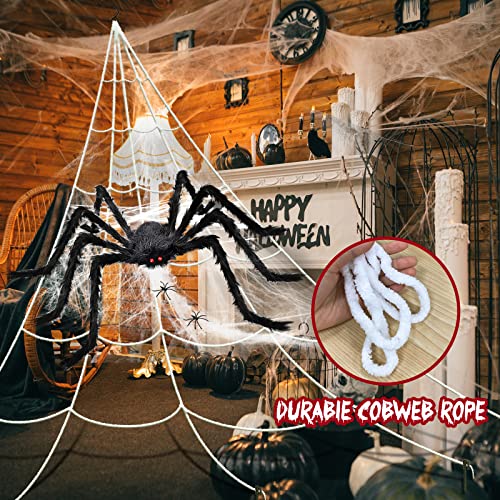 Bswalf Spider Webs Halloween Decorations Outdoor, 16.4 x 15.7 ft Triangular Spider Web + 50‘’ Scary Giant Spider, 20 g Stretch Cobwebs Outdoor Halloween Decorations for Outside Yard Garden Lawn Party