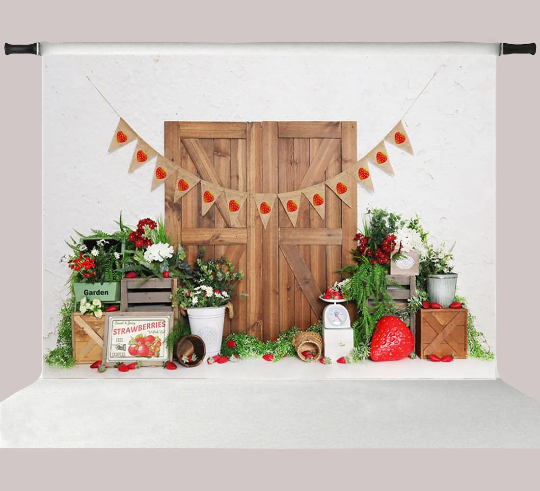 Kate 10x6.5ft Spring Farm Fresh Strawberry Photo Backdrops for Photography Garden Wood Door Decoration Strawberry Banner Kids Birthday Party Photo Background Photocall