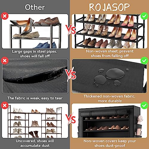 ROJASOP 10 Tier Shoe Rack with Covers,Large Capacity Stackable Tall Shoe Shelf Storage to 50-55 Pairs Shoes and Boots Sturdy Metal Free Standing Shoe Rack Organizer for Closet Entryway Garage