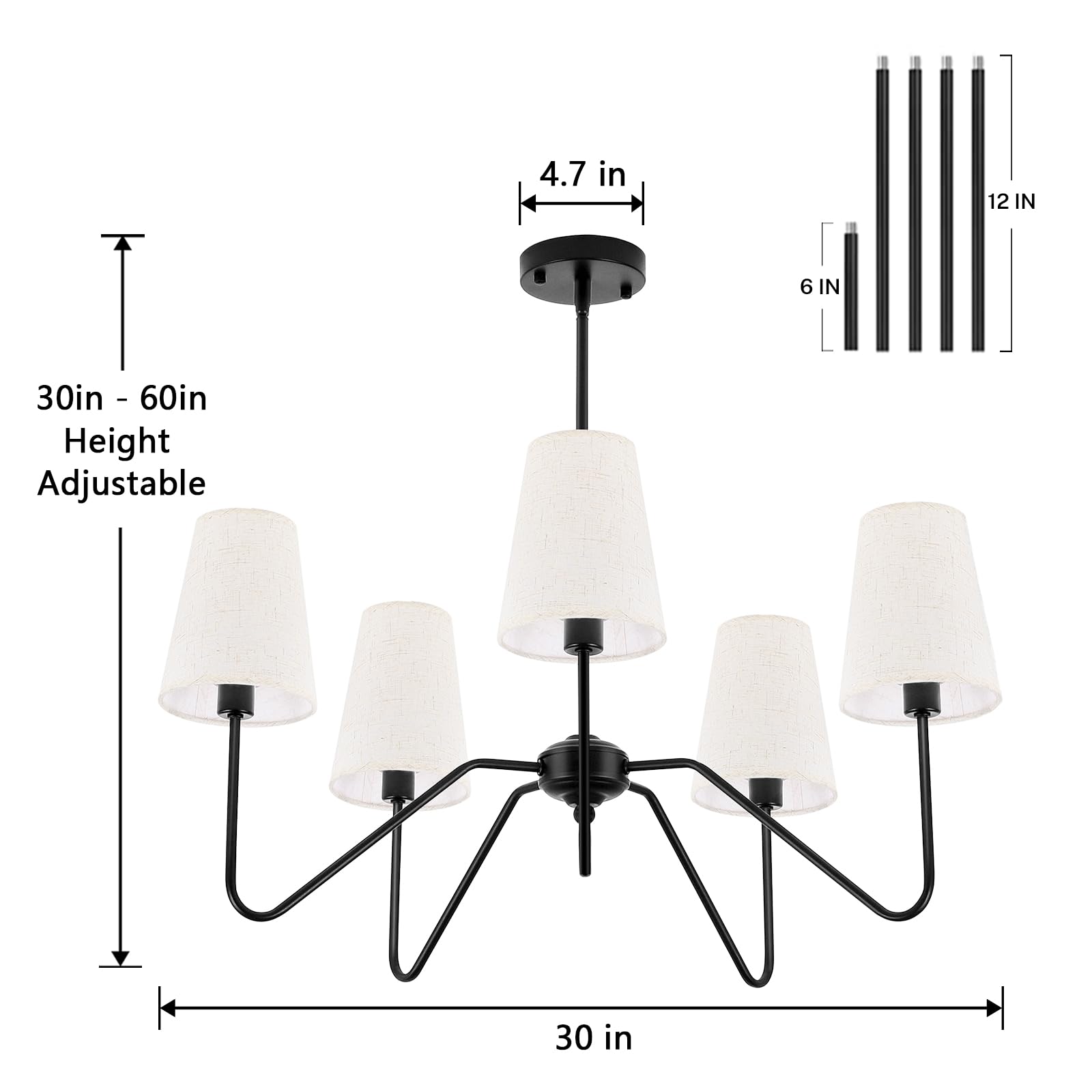 FIYUEOYI 5-Light Modern Chandeliers, Pendant Lights Fixture with Linen Beige Fabric Shade for Living Room Dining Room Bedroom Hallway Entryway, Height Adjustable