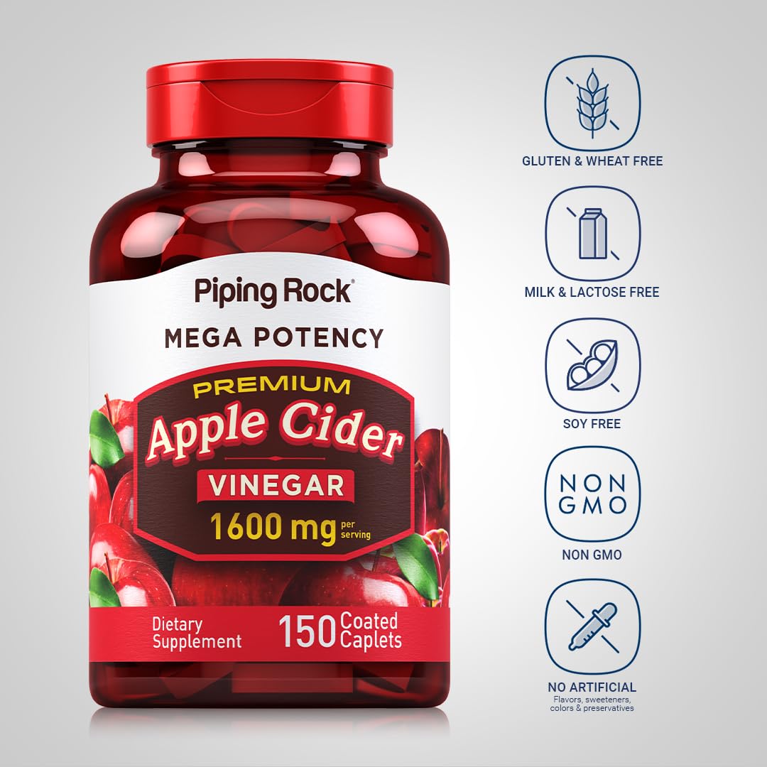 Piping Rock Apple Cider Vinegar Caplet Capsules | 1600mg | 150 Pills | High Potency | Extra Strength ACV Supplement | Vegetarian, Non-GMO, Gluten Free