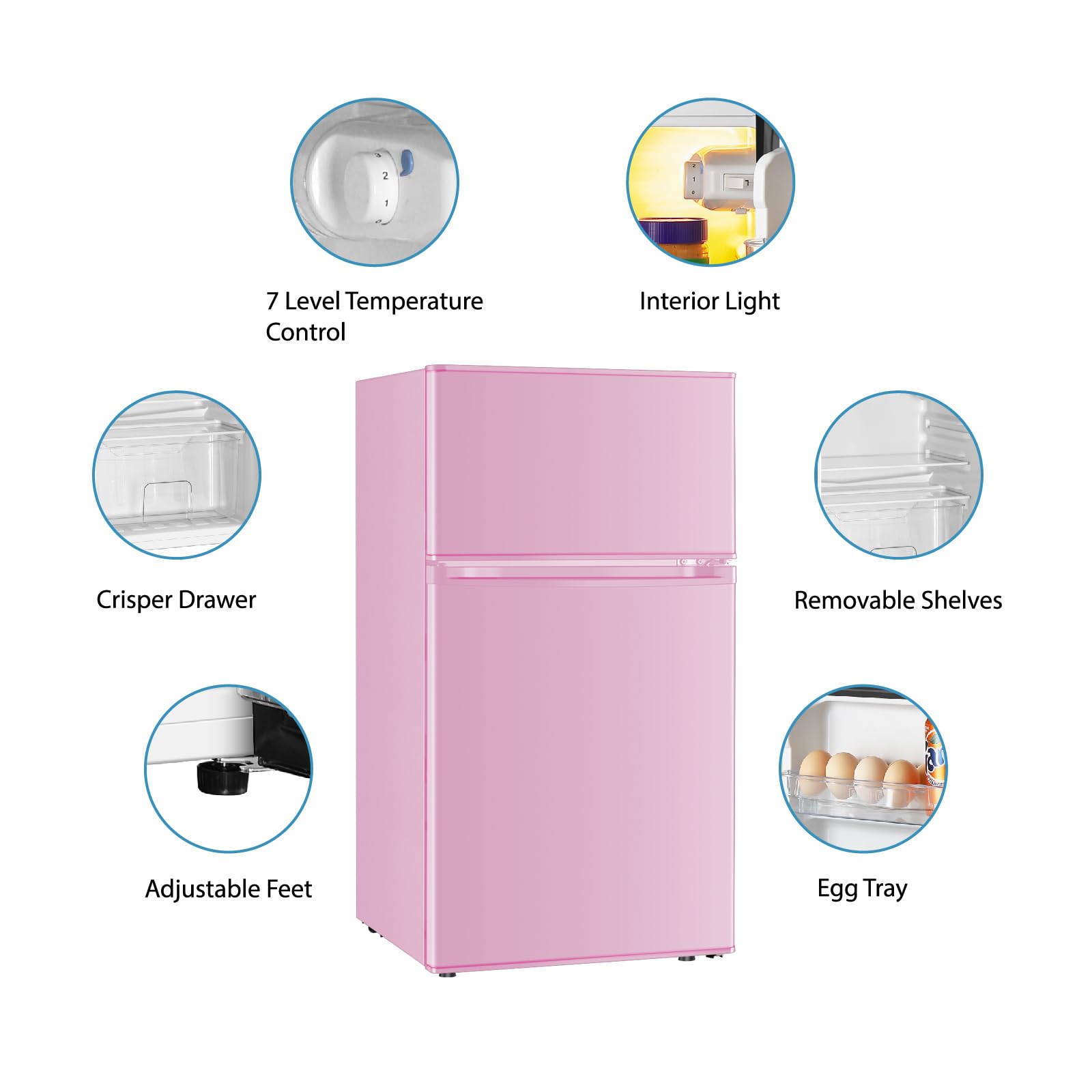 Saeoola Mini Fridge with Freezer, 3.2 Cu.Ft, 2 Doors Compact Mini Refrigerator with Separate Freezer for Dorm, Bedroom, Office, Apartment with 7-Level Temperature Control, Removable Shelves (Pink)