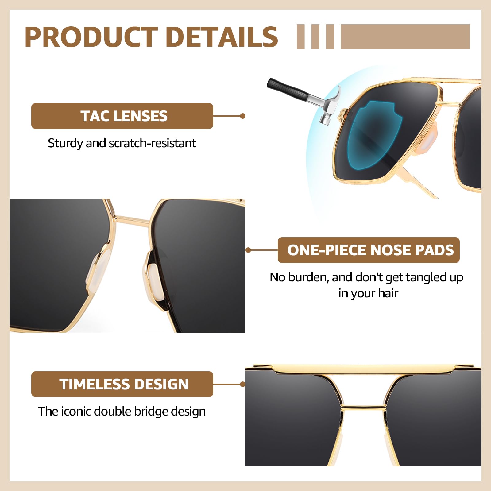 TJUTR Oversized Tangle‑Free Aviator Sunglasses for Women & Men, Polarized UV400 Shades, Square Metal Frame with Double‑Bridge