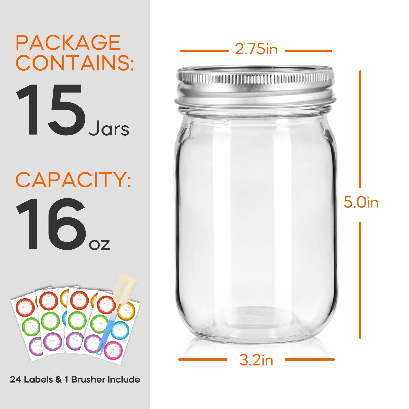 Glass Mason Jars with Lids and Bands 16 oz - 15 Pack Regular Mouth Canning Jars for Food Storage, Pickling, Meal Prep, Overnight Oats, Dry Food & DIY Crafts - Includes 24 Stickers & Brush