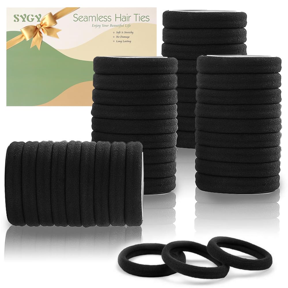 100PCS Black Hair Ties for Women, Seamless Cotton Hair Bands, No Crease No Damage Hair Tie for Thick Thin Hair, Soft Ponytail Holders Hair Accessories for Girls, Christmas Gifts Holiday Accessories