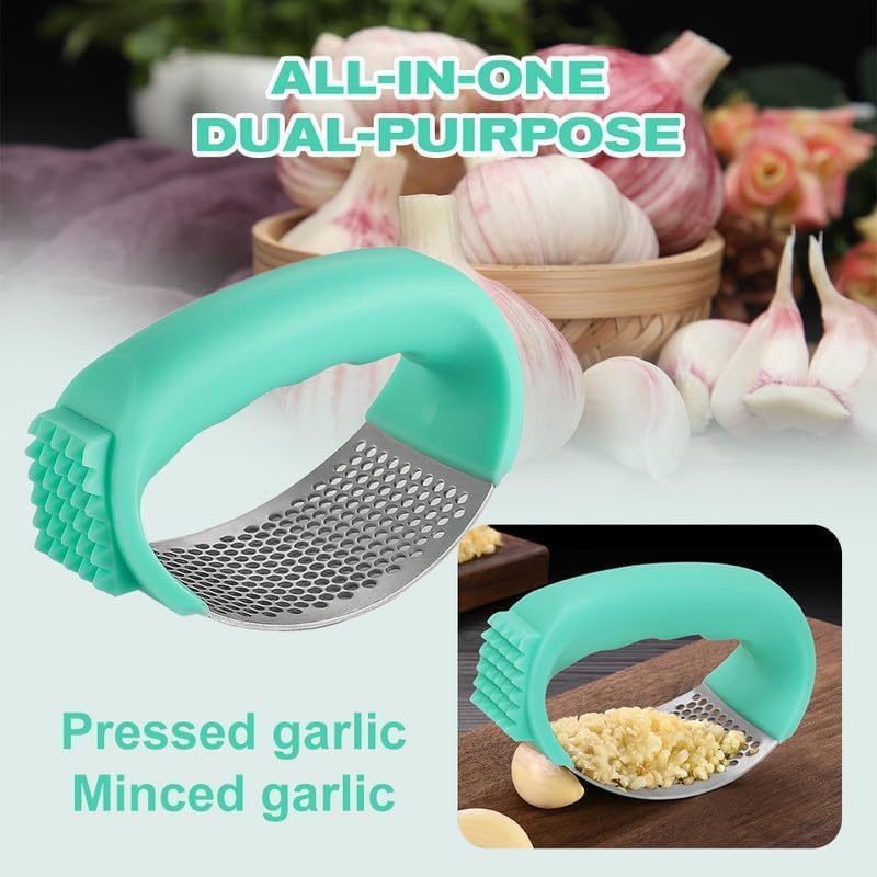 Stainless Steel Garlic Press, Garlic Chopper Garlic Press Rocker Set with Peeler, Garlic Mincer Crusher Masher with Peeler and Cleaning Brush, Garlic Chopper for Smash Garlic Kitchen Tools (Green)